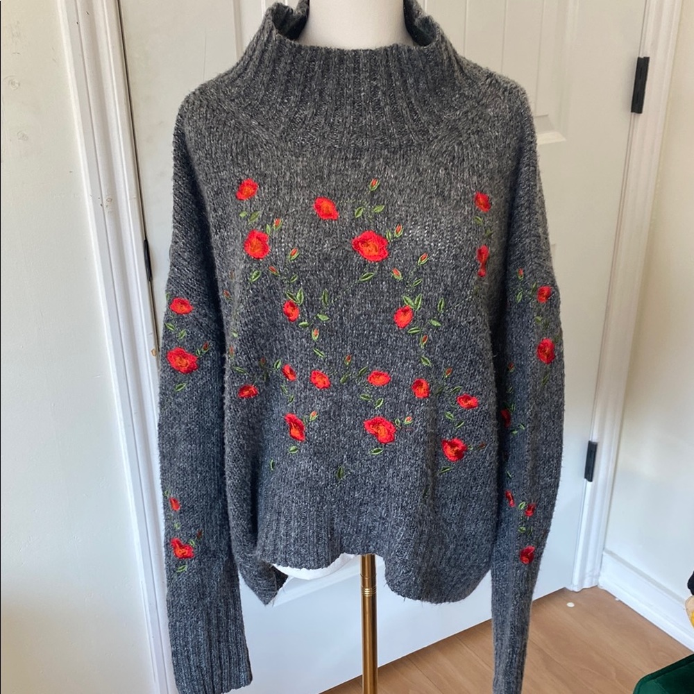 Gray Sweater with Red Floral Embroidery